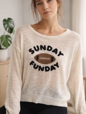 'Sunday Funday' Crewneck Pullover Sweater Cream - medium